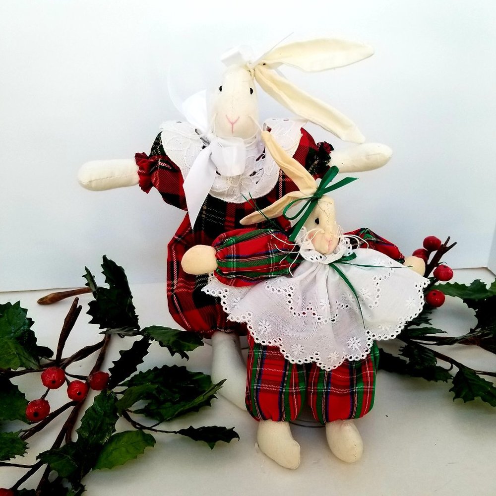 HANDMADE BUNNY RABBIT GIRL DOLL SET DRESSED IN LACE & PLAID 12" & 8"